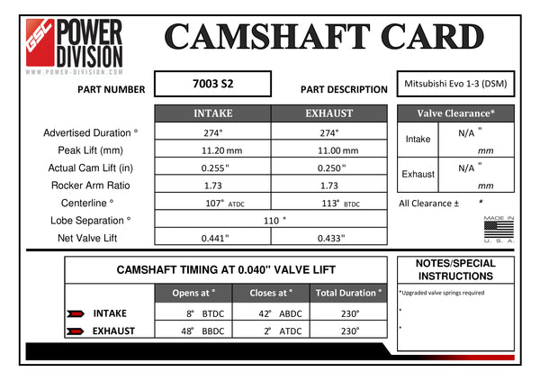 CAMSHAFT CARD - GSC7003S2