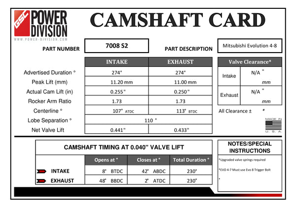 CAMSHAFT CARD - GSC7008S2