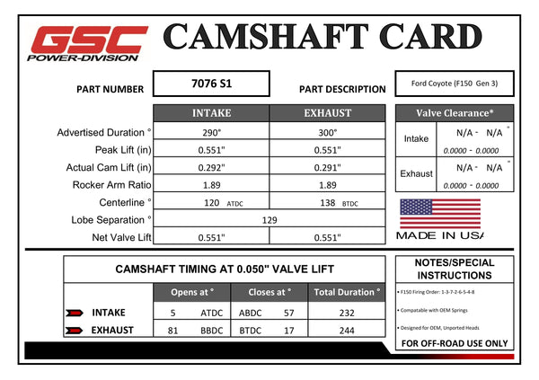 CAMSHAFT CARD - GSC7076S1
