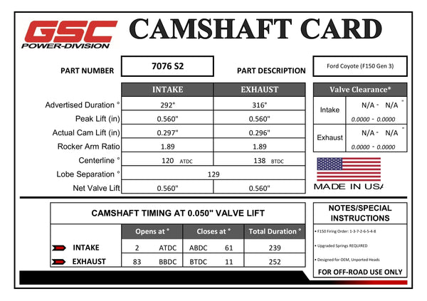 CAMSHAFT CARD - GSC7076S2