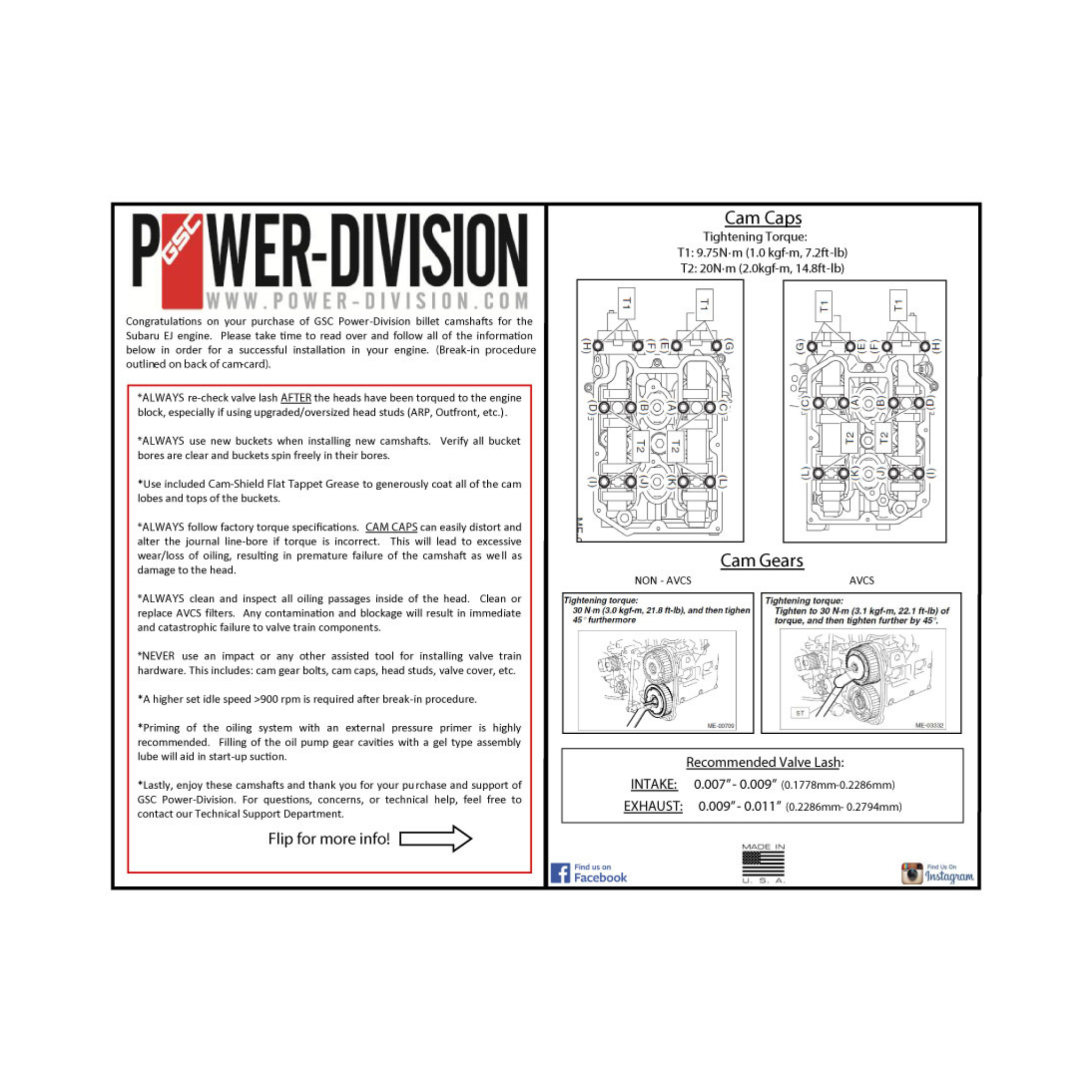 GSC Power Division camshaft installation guide with text and diagrams on a white background