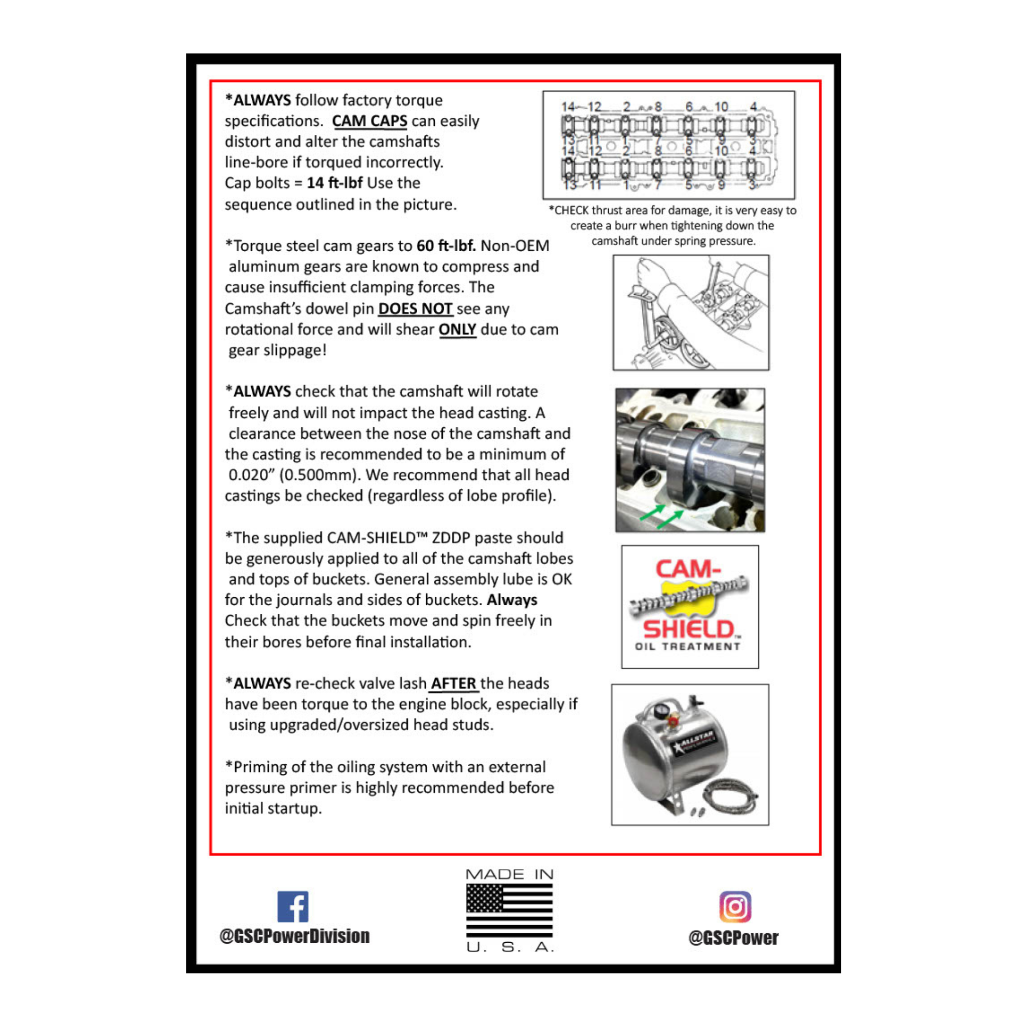 GSC Power Division camshaft installation guide with text and diagrams on a white background