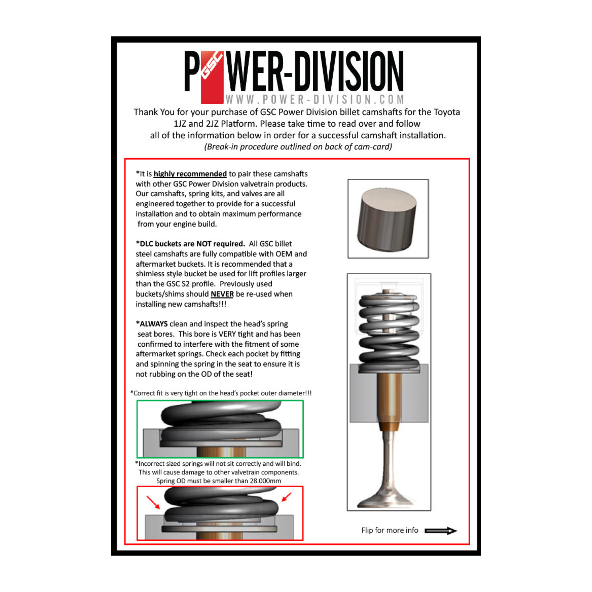 GSC Power Division camshaft installation guide with text and diagrams on a white background