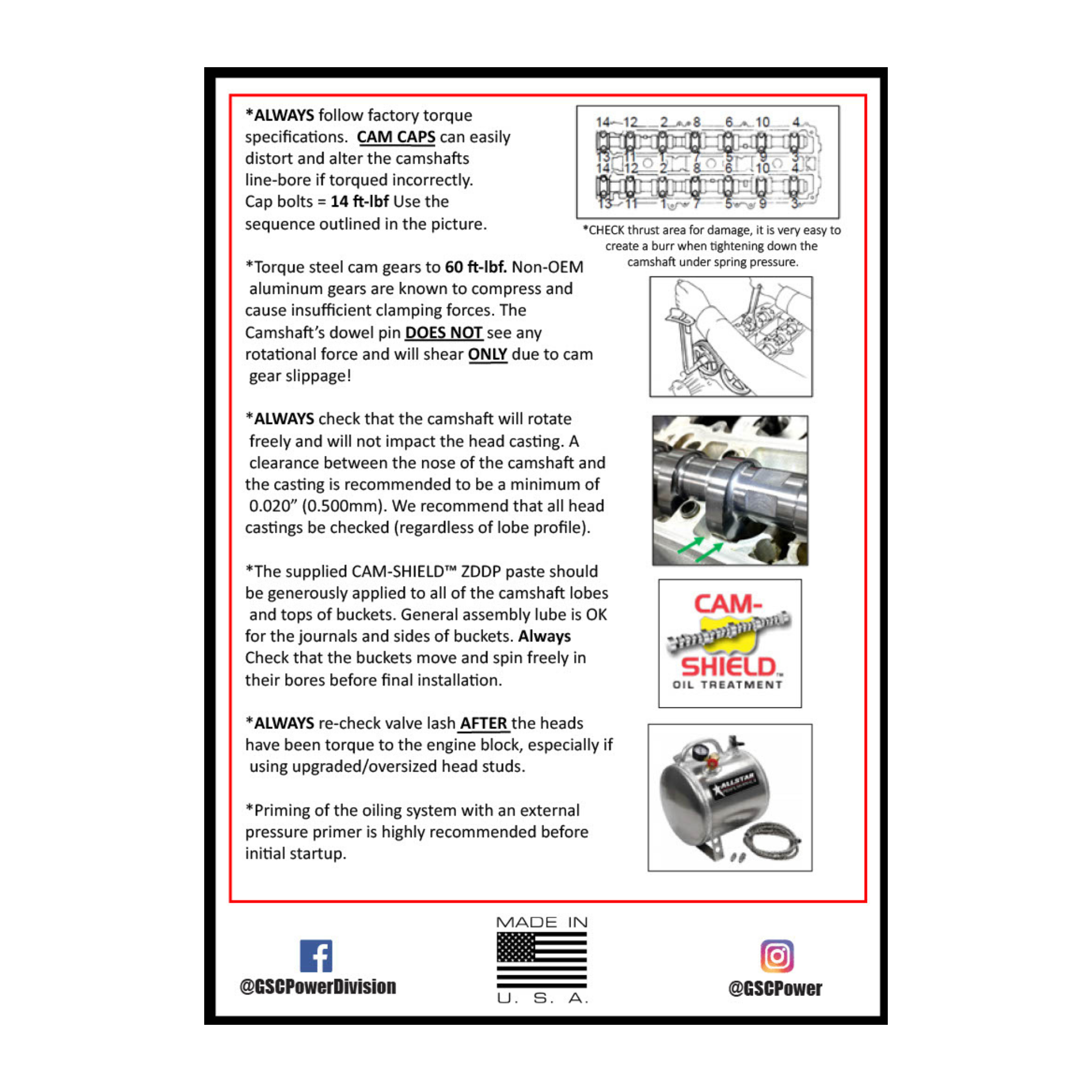 GSC Power Division camshaft installation guide with text and diagrams on a white background